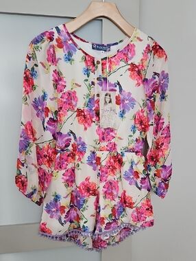 Truly Me Cream Floral One-Piece with Pink & Purple Blooms Romper